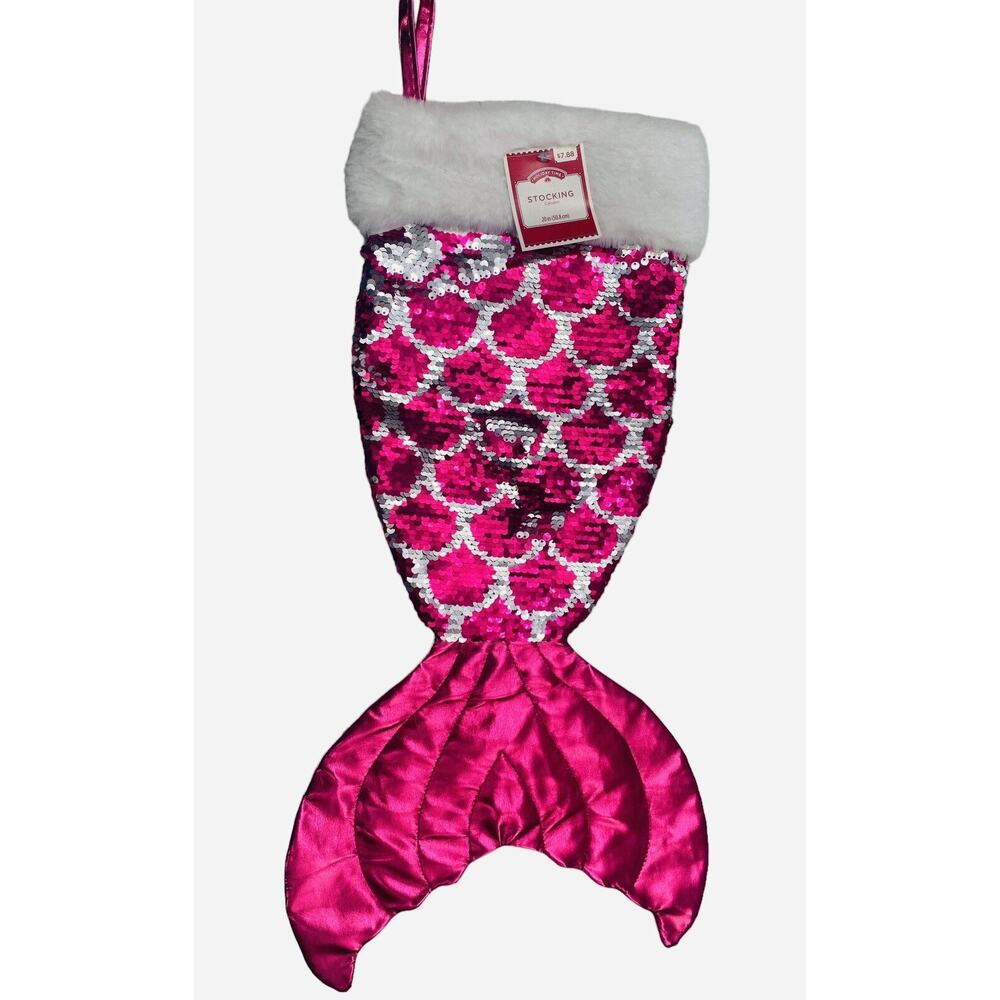 Holiday Time Reversible Pink Silver Sequin Mermaid's Tail Christmas Stocking 21"